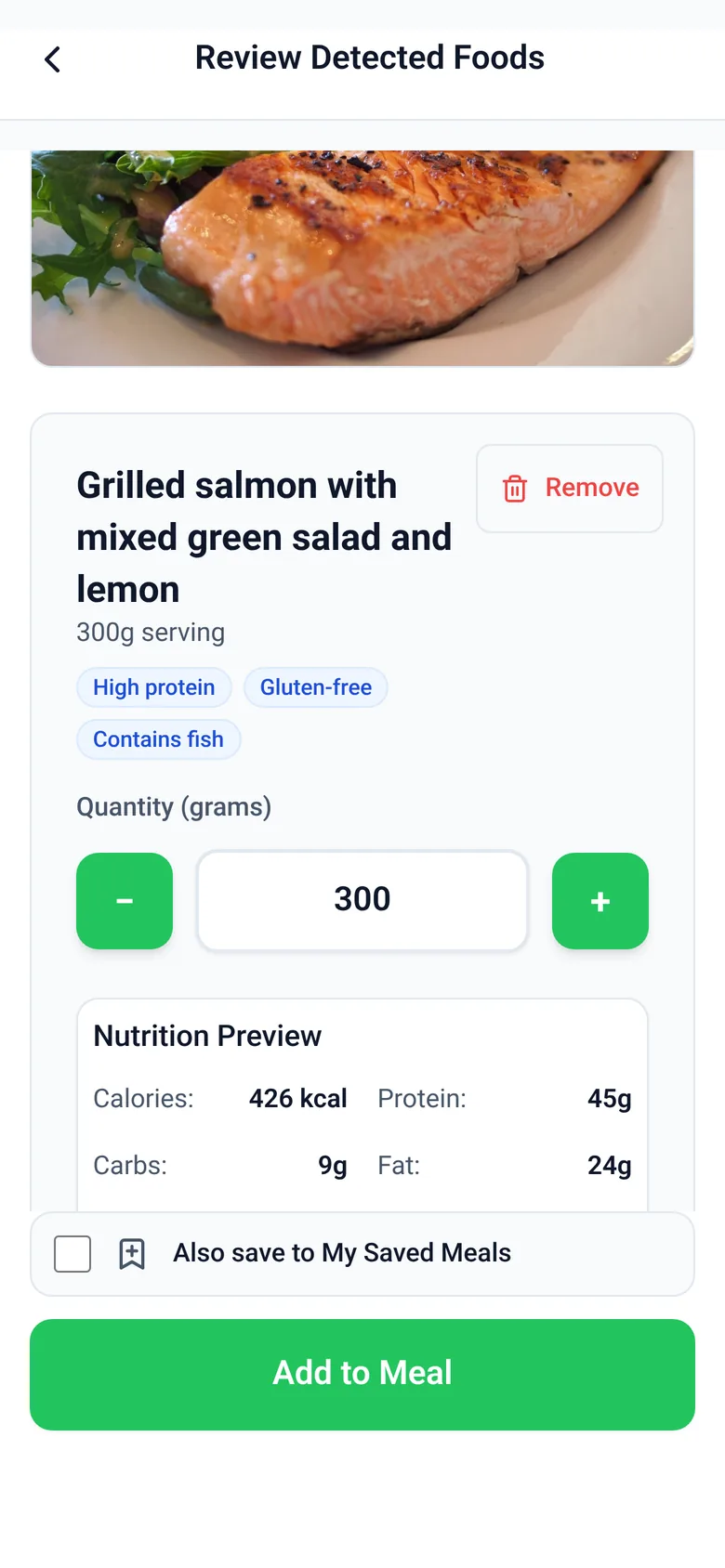 Vitality’s AI result for a photographed salmon dinner: 426 kcal with 45 g protein, 9 g carbs and 24 g fat, and an adjustable serving in grams